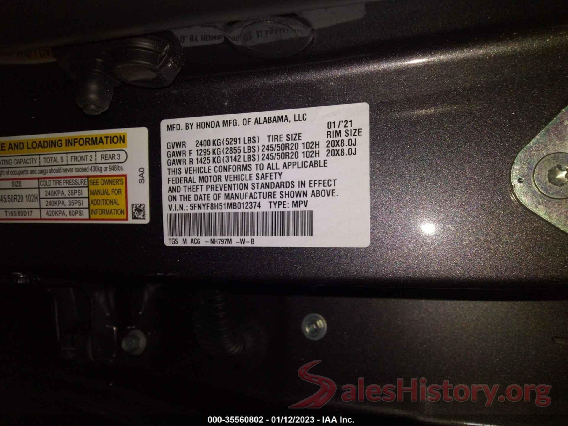 5FNYF8H51MB012374 2021 HONDA PASSPORT