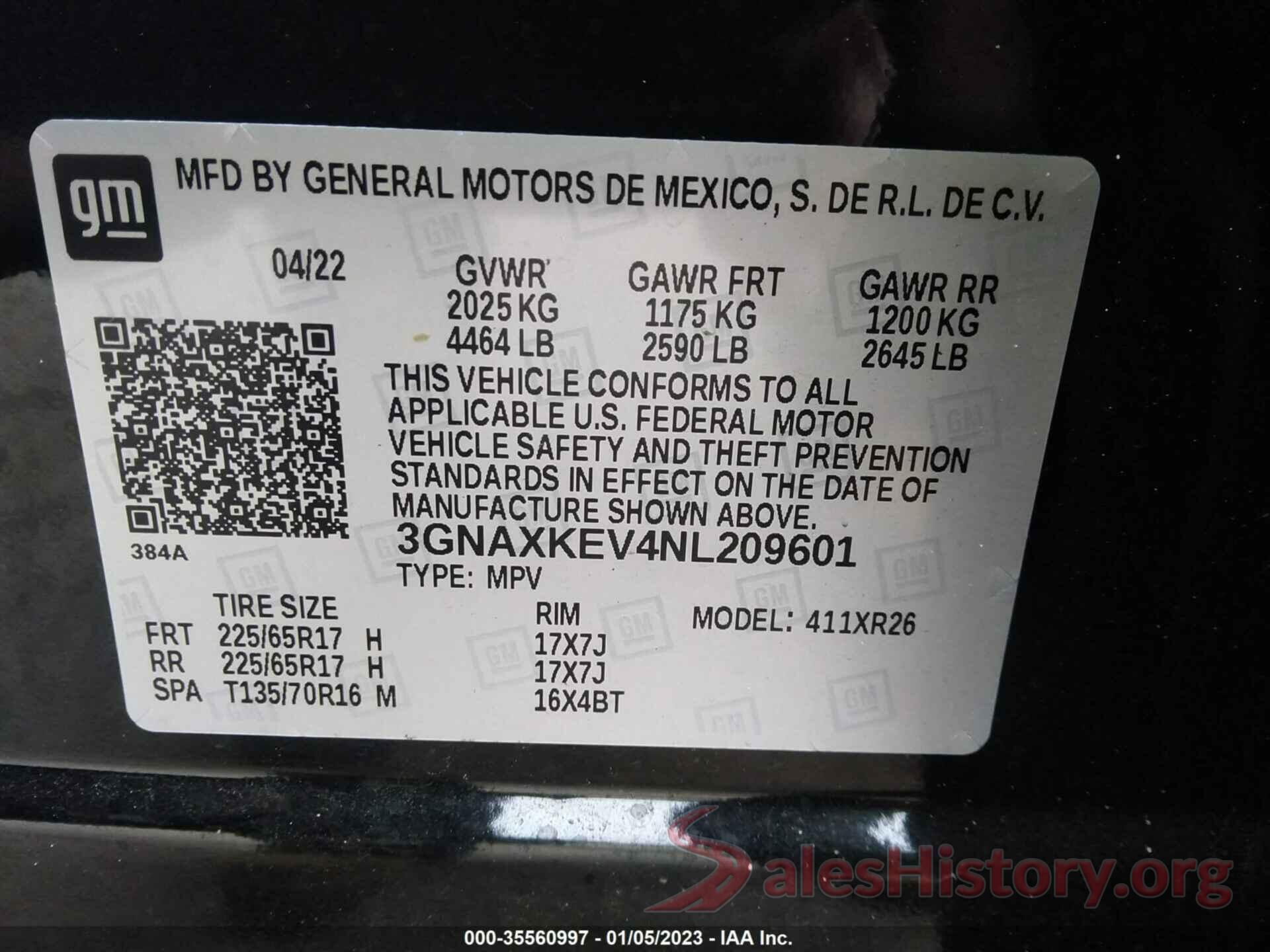 3GNAXKEV4NL209601 2022 CHEVROLET EQUINOX