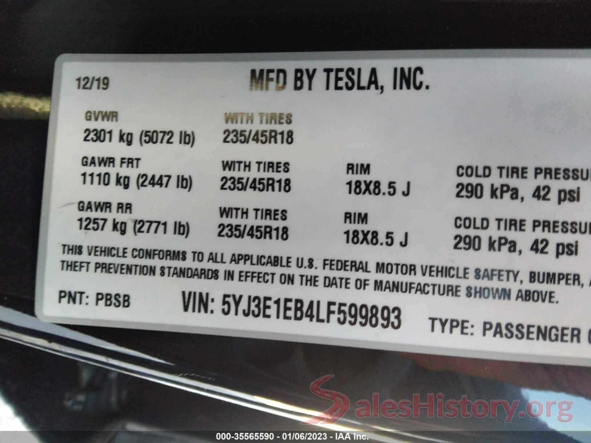 5YJ3E1EB4LF599893 2020 TESLA MODEL 3