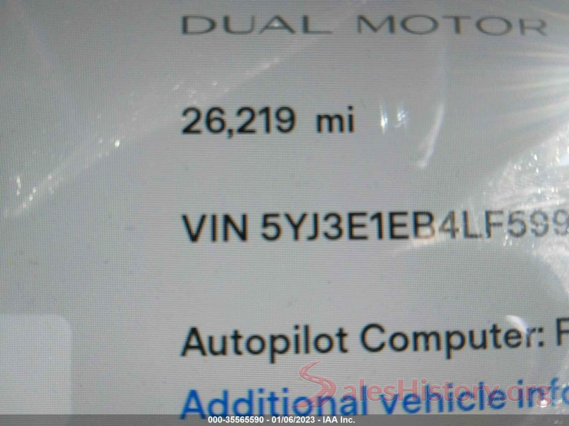 5YJ3E1EB4LF599893 2020 TESLA MODEL 3