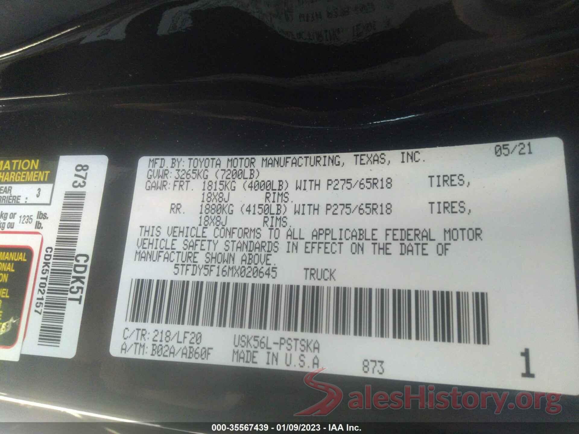 5TFDY5F16MX020645 2021 TOYOTA TUNDRA 4WD