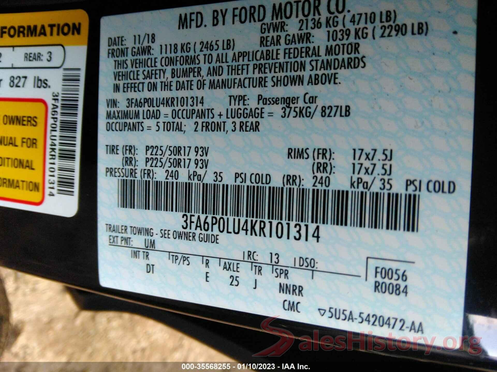 3FA6P0LU4KR101314 2019 FORD FUSION HYBRID