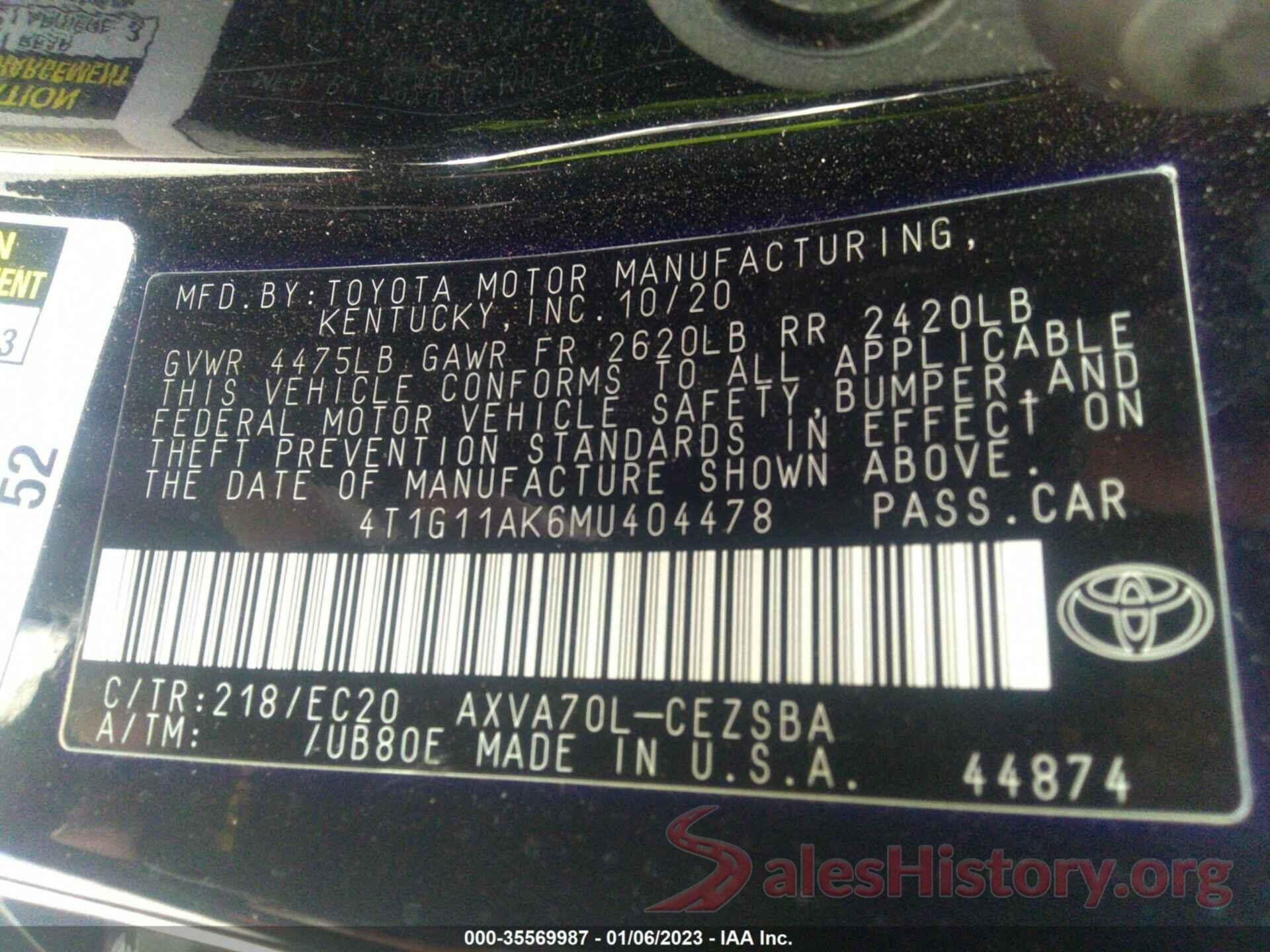 4T1G11AK6MU404478 2021 TOYOTA CAMRY