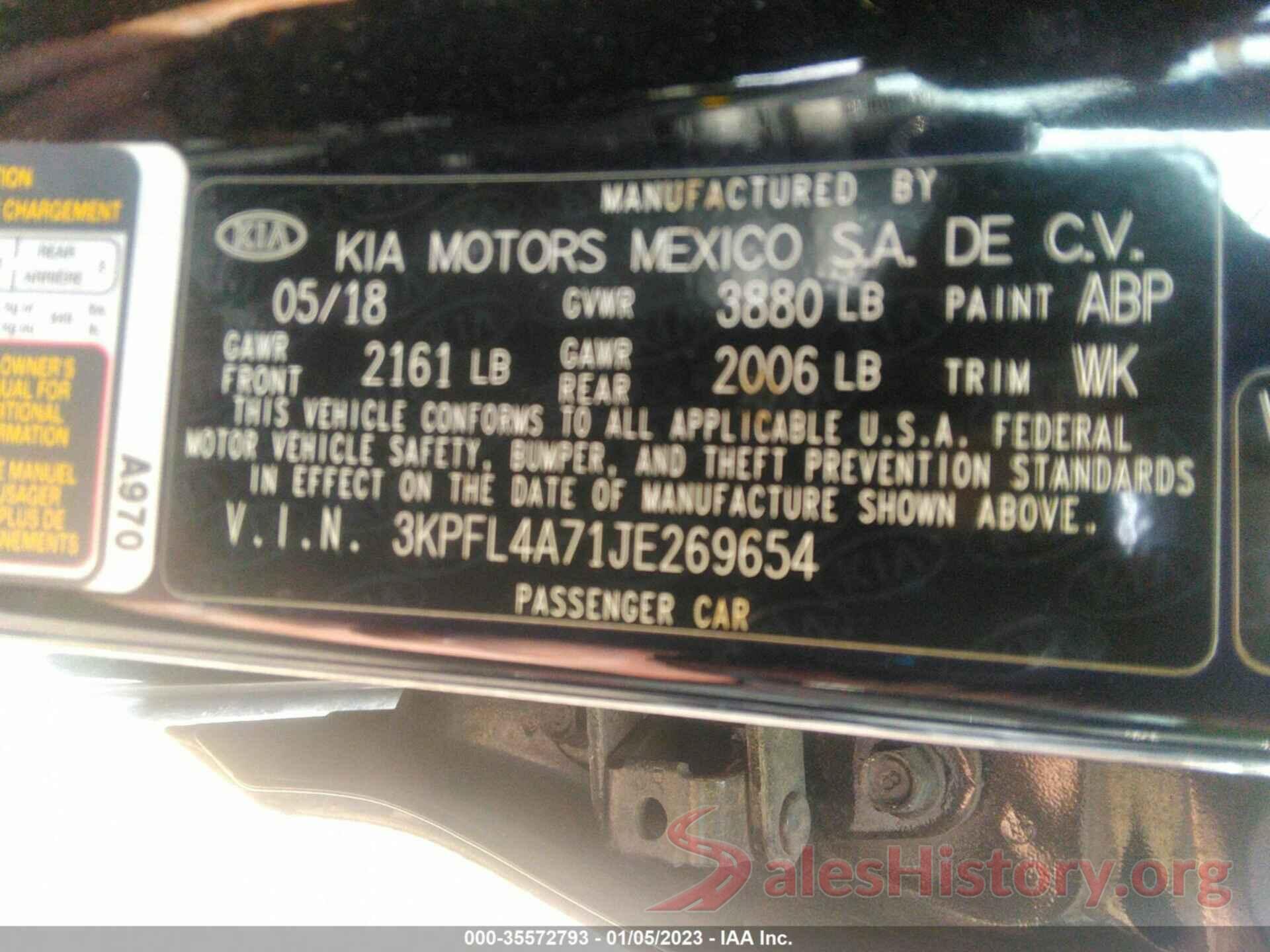 3KPFL4A71JE269654 2018 KIA FORTE