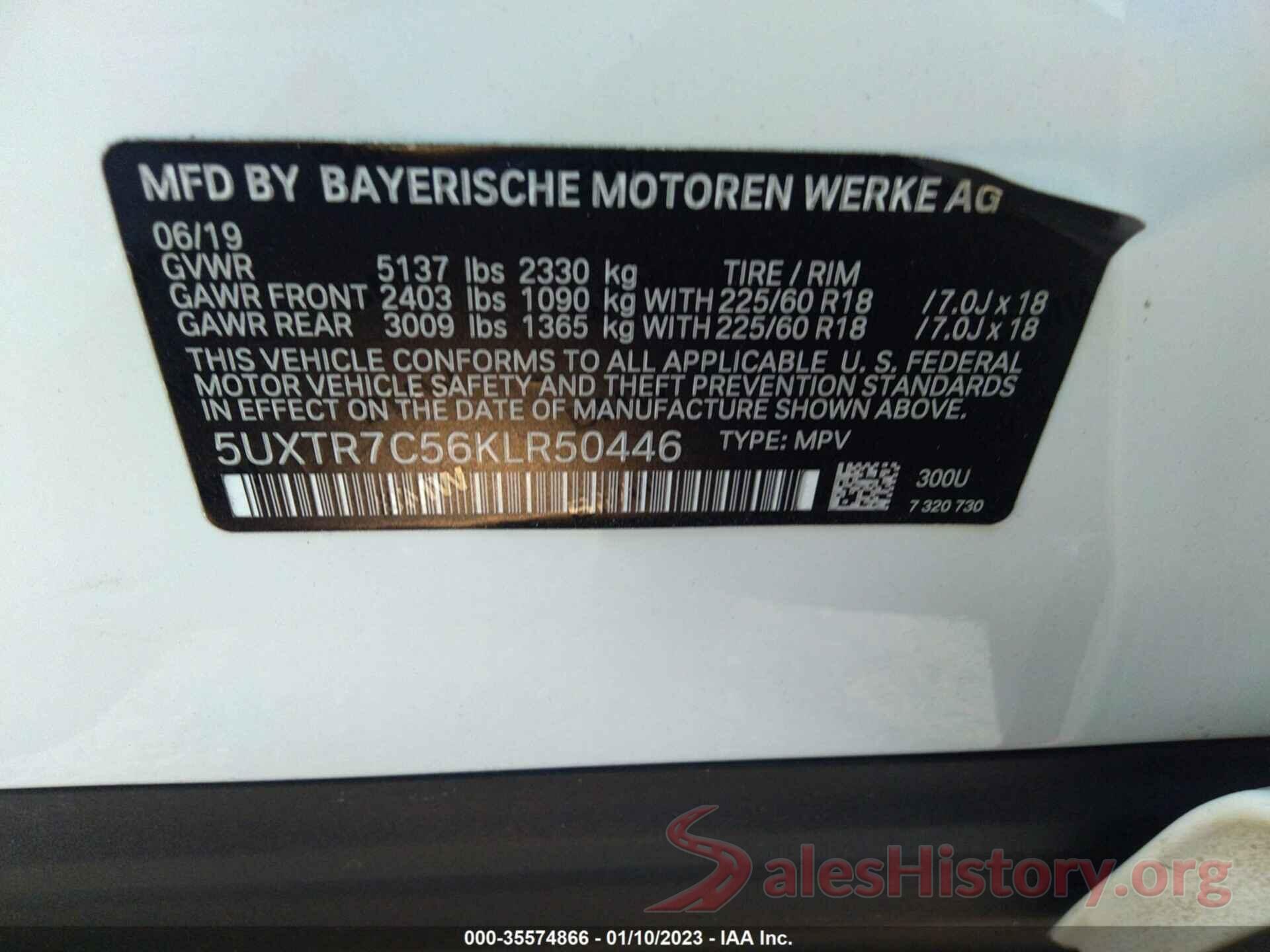 5UXTR7C56KLR50446 2019 BMW X3