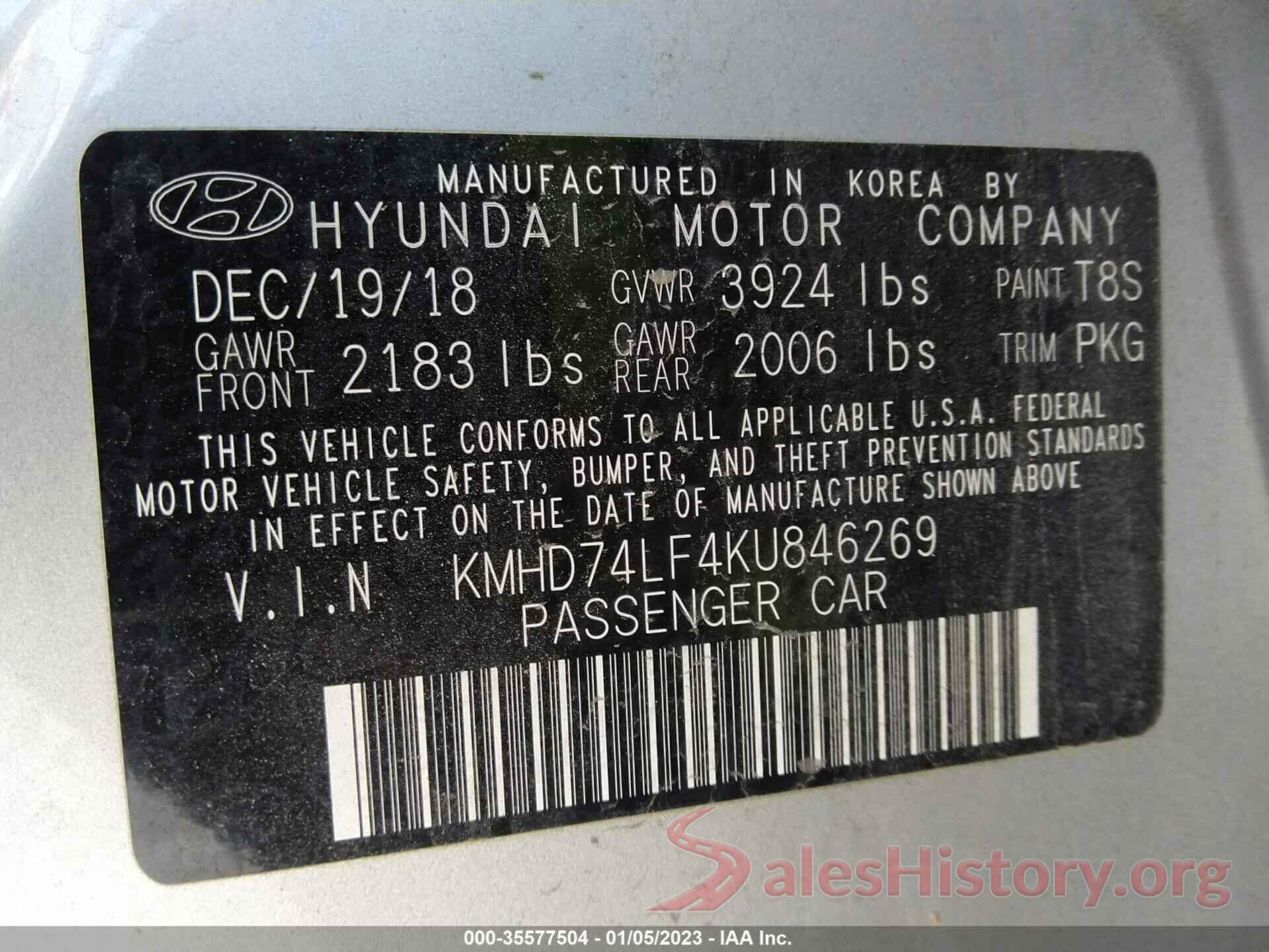 KMHD74LF4KU846269 2019 HYUNDAI ELANTRA