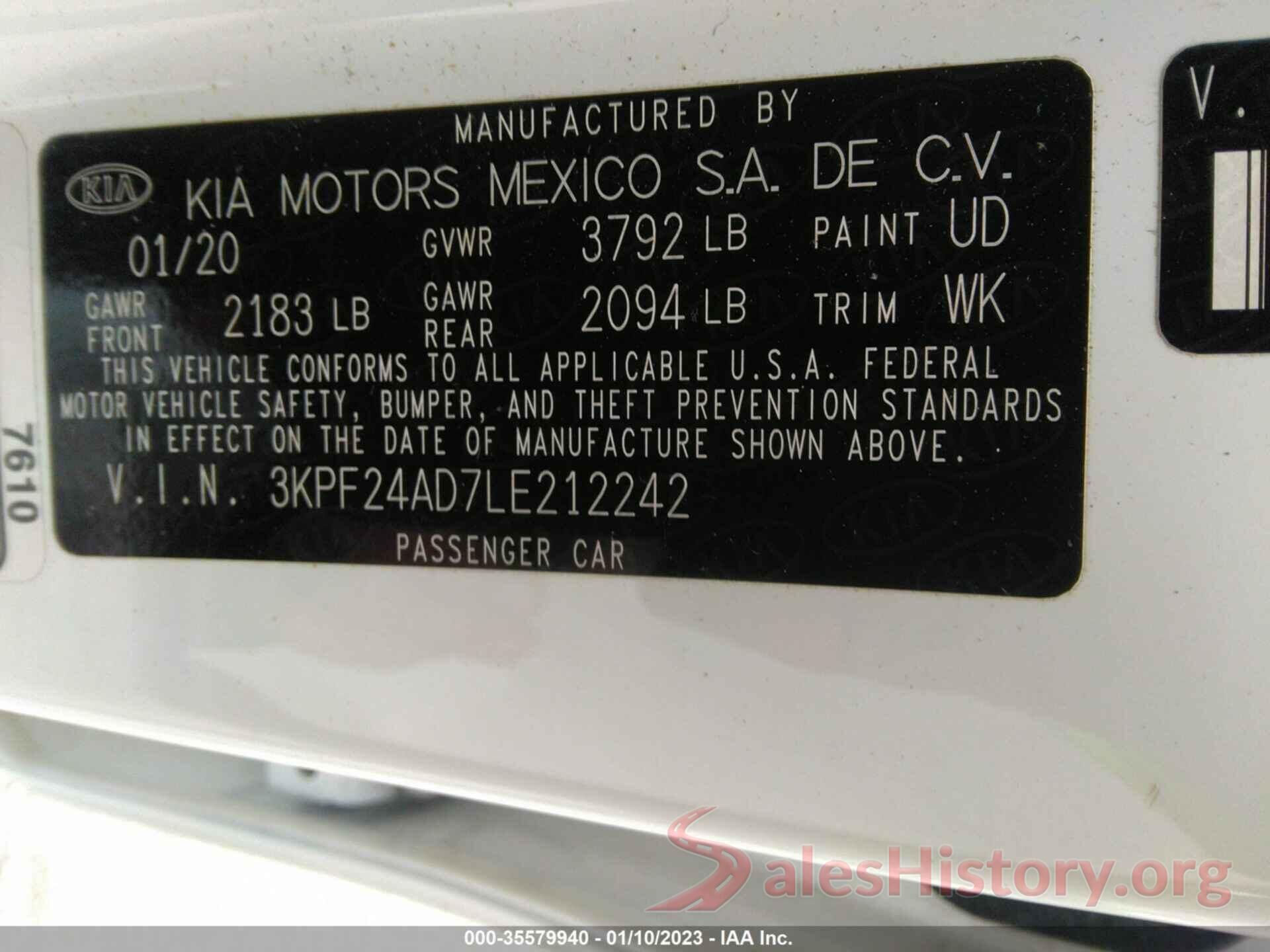 3KPF24AD7LE212242 2020 KIA FORTE