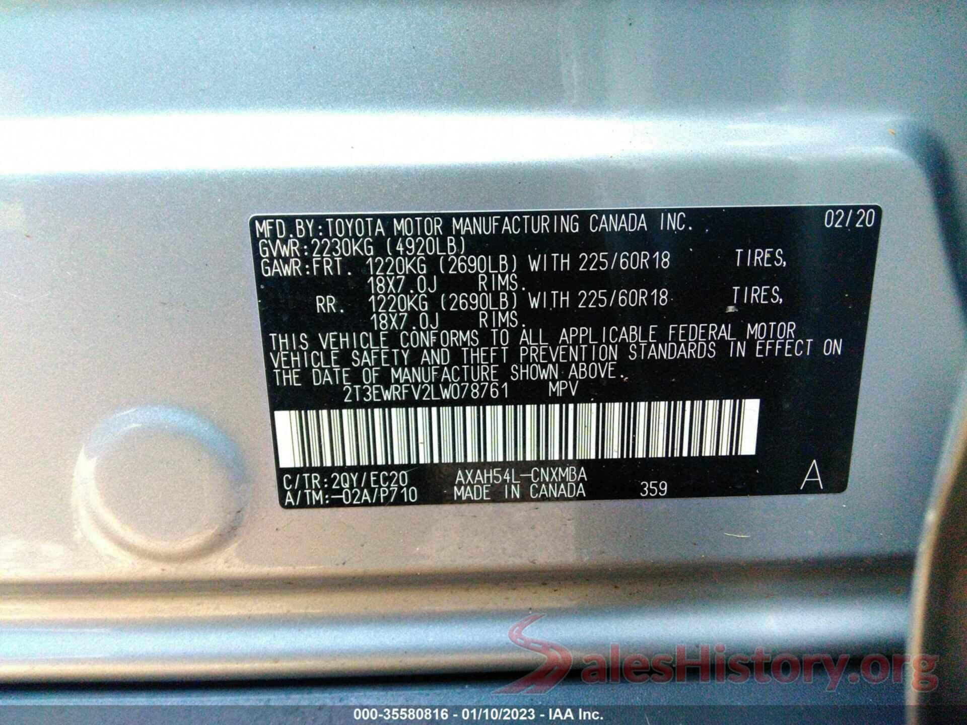 2T3EWRFV2LW078761 2020 TOYOTA RAV4