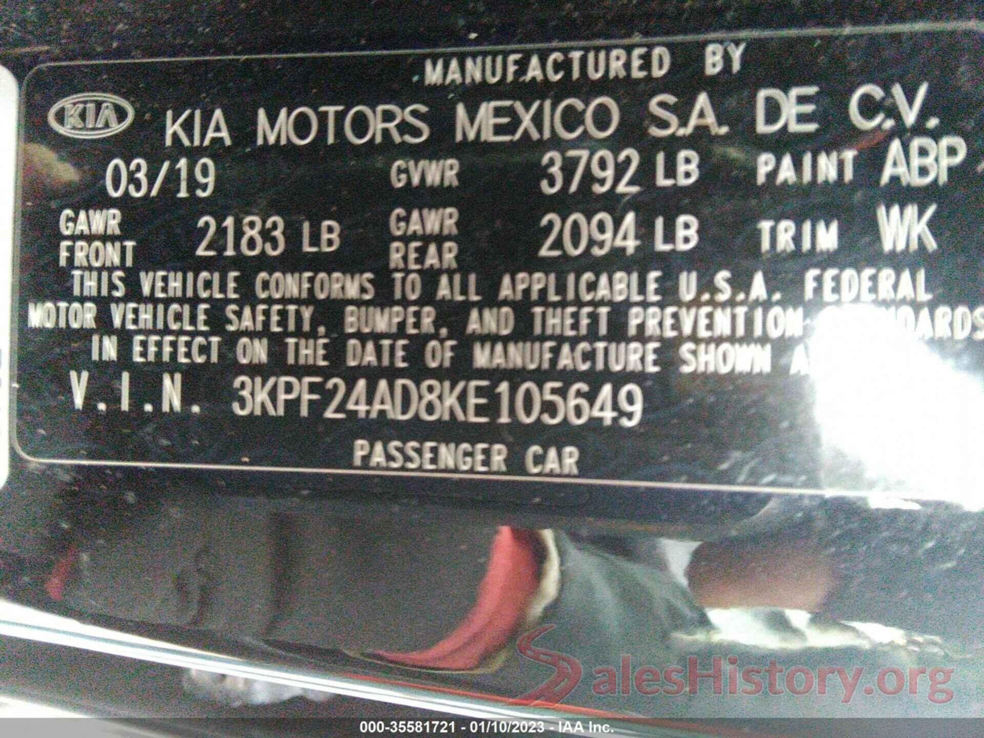 3KPF24AD8KE105649 2019 KIA FORTE