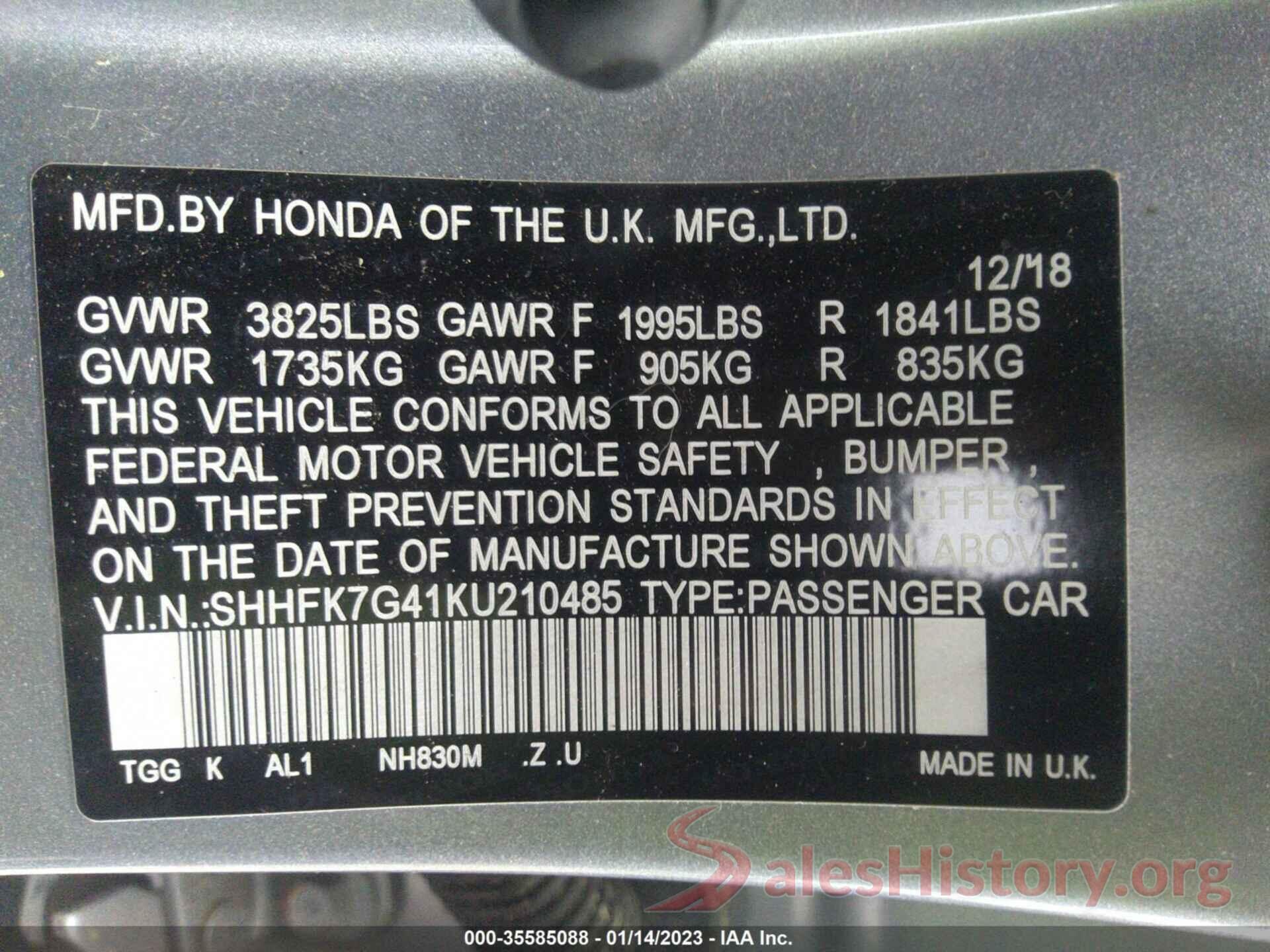 SHHFK7G41KU210485 2019 HONDA CIVIC HATCHBACK