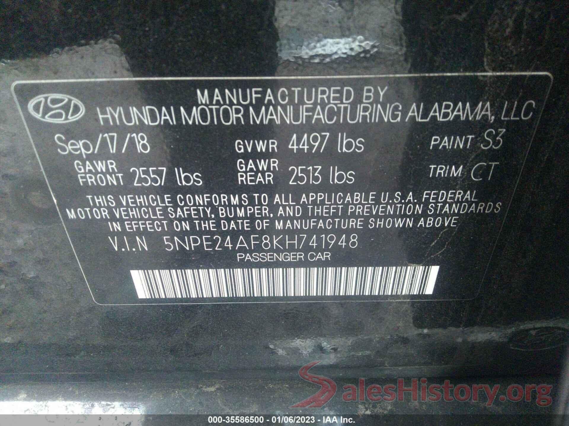 5NPE24AF8KH741948 2019 HYUNDAI SONATA