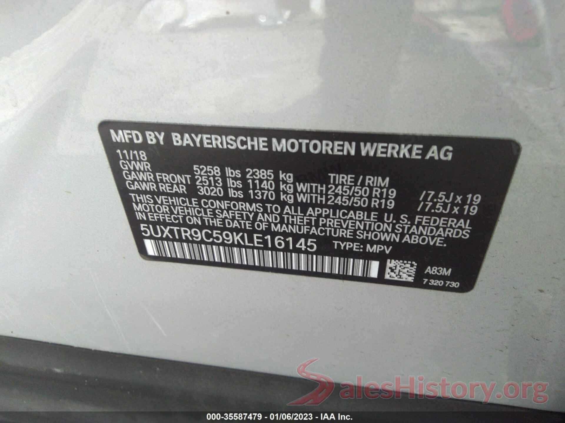 5UXTR9C59KLE16145 2019 BMW X3