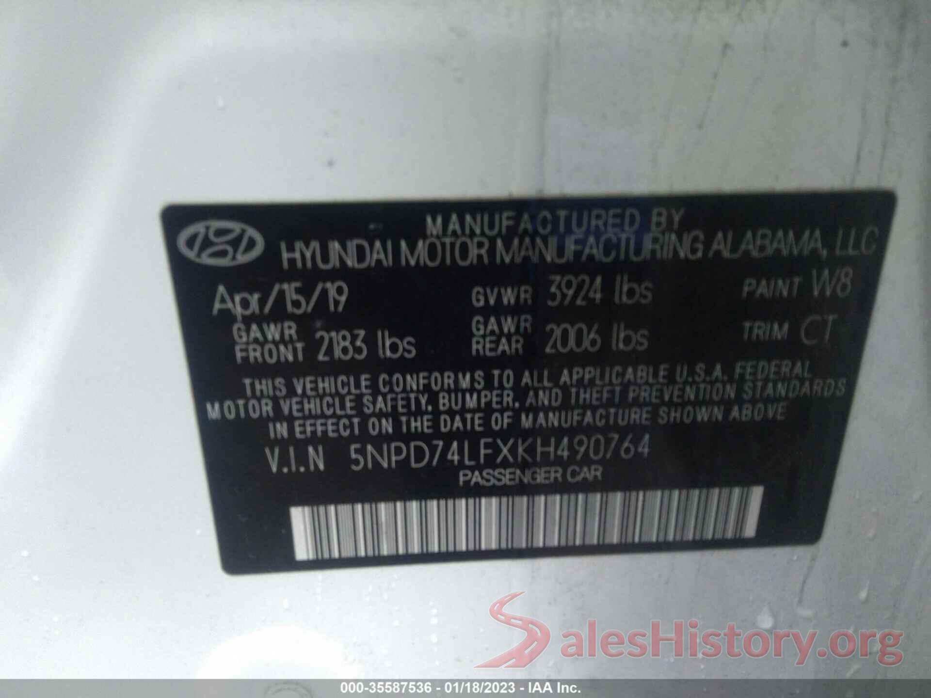 5NPD74LFXKH490764 2019 HYUNDAI ELANTRA