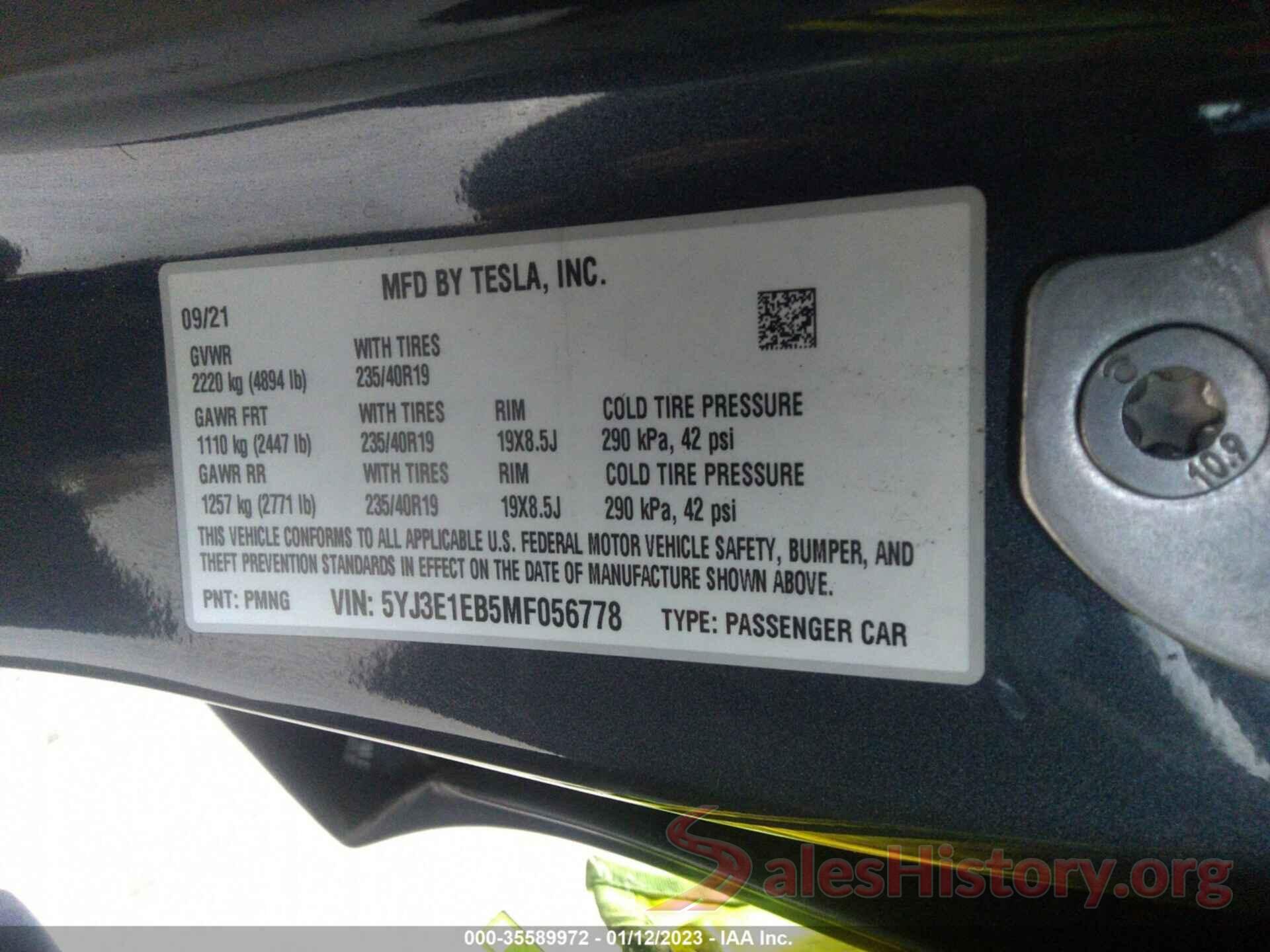 5YJ3E1EB5MF056778 2021 TESLA MODEL 3