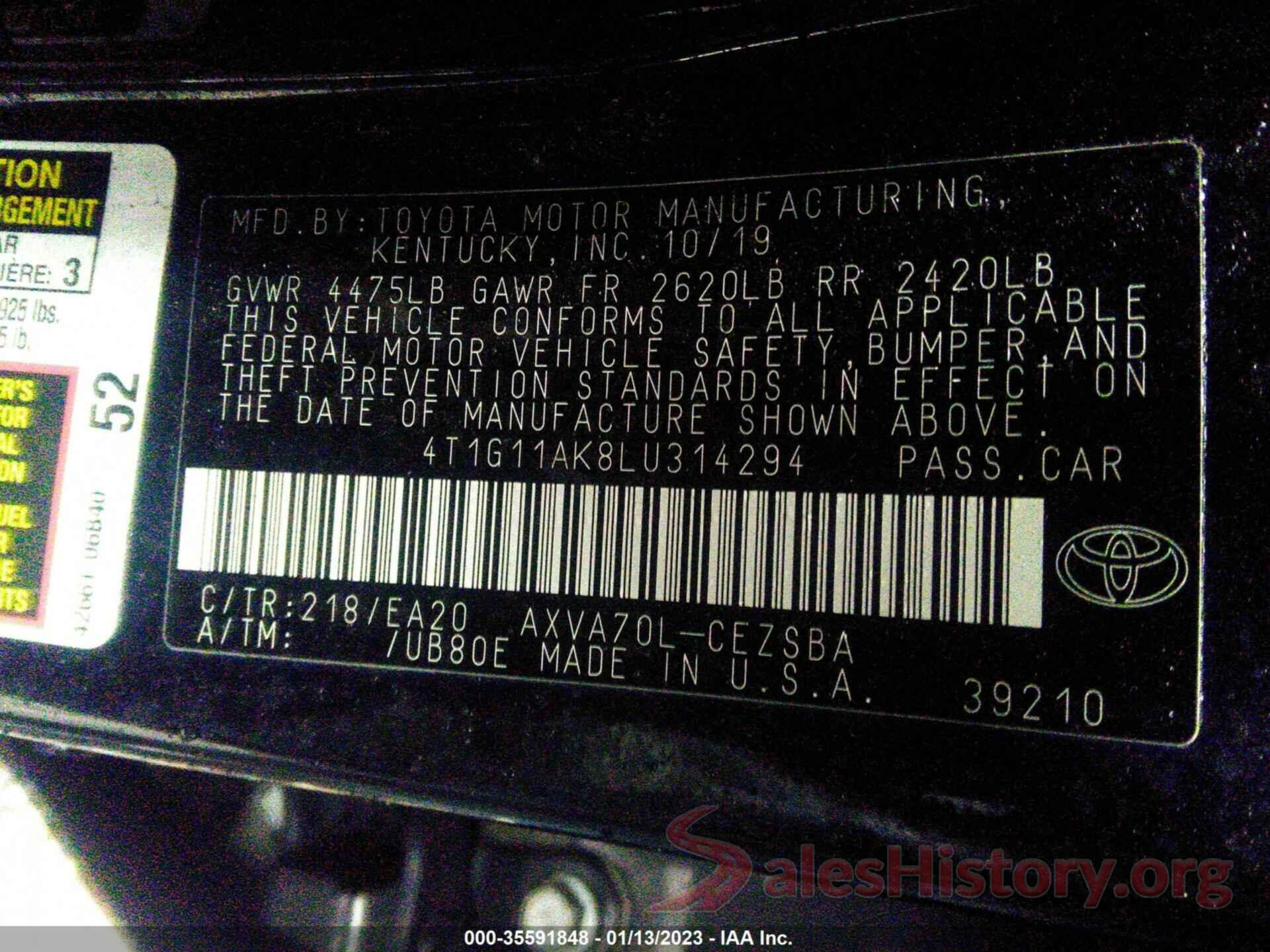 4T1G11AK8LU314294 2020 TOYOTA CAMRY