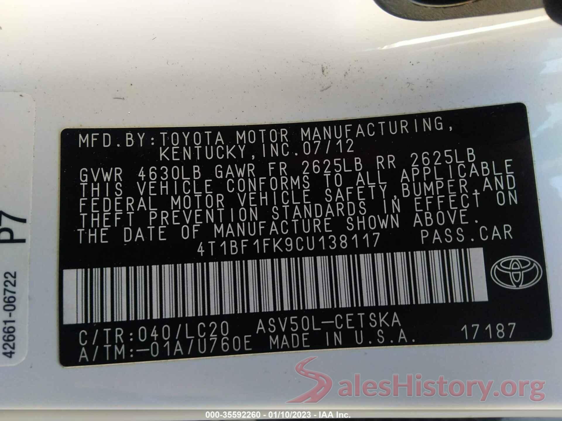 4T1BF1FK9CU138117 2012 TOYOTA CAMRY