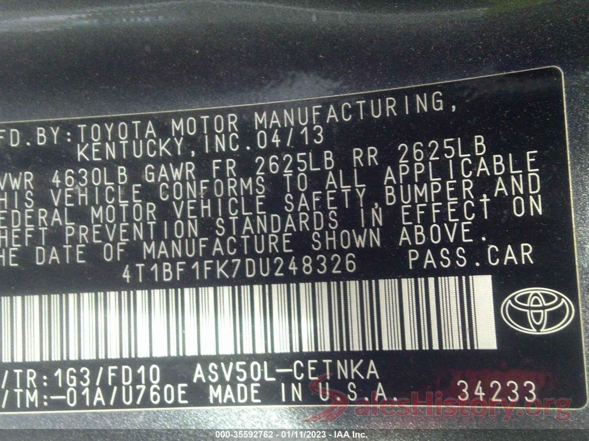 4T1BF1FK7DU248326 2013 TOYOTA CAMRY