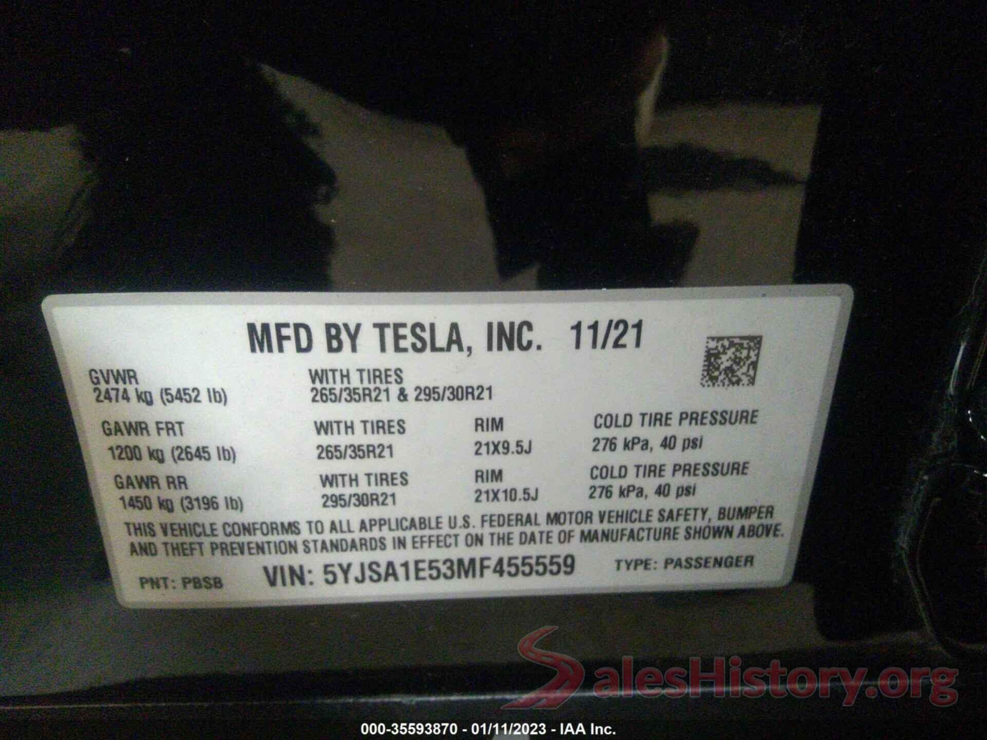 5YJSA1E53MF455559 2021 TESLA MODEL S