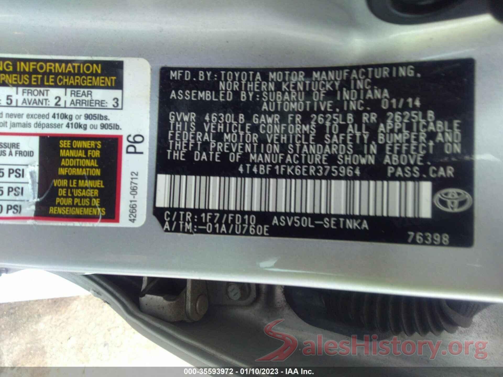 4T4BF1FK6ER375964 2014 TOYOTA CAMRY