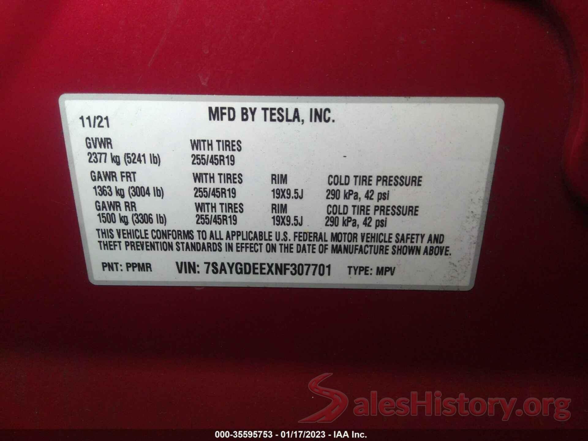 7SAYGDEEXNF307701 2022 TESLA MODEL Y