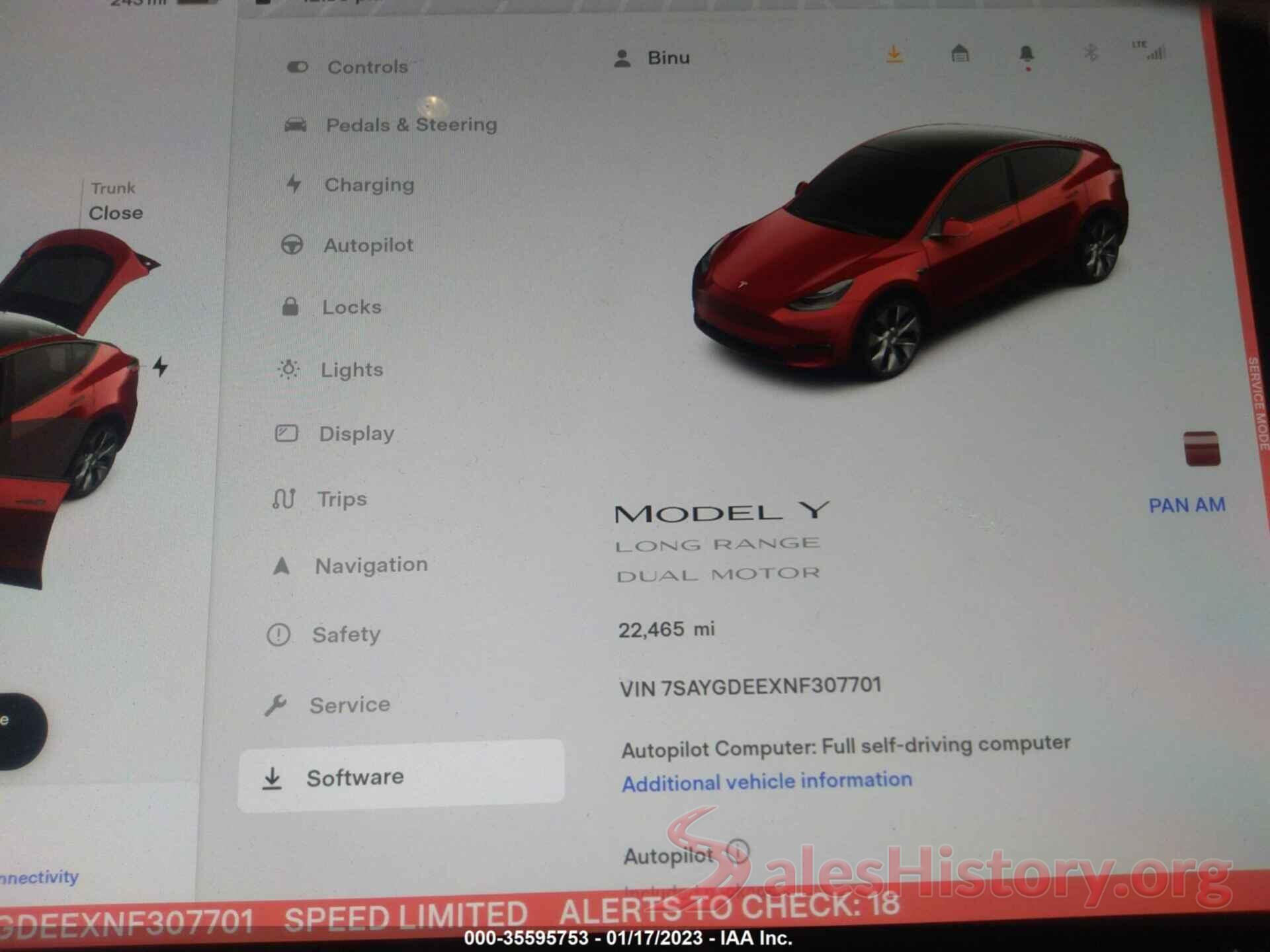 7SAYGDEEXNF307701 2022 TESLA MODEL Y