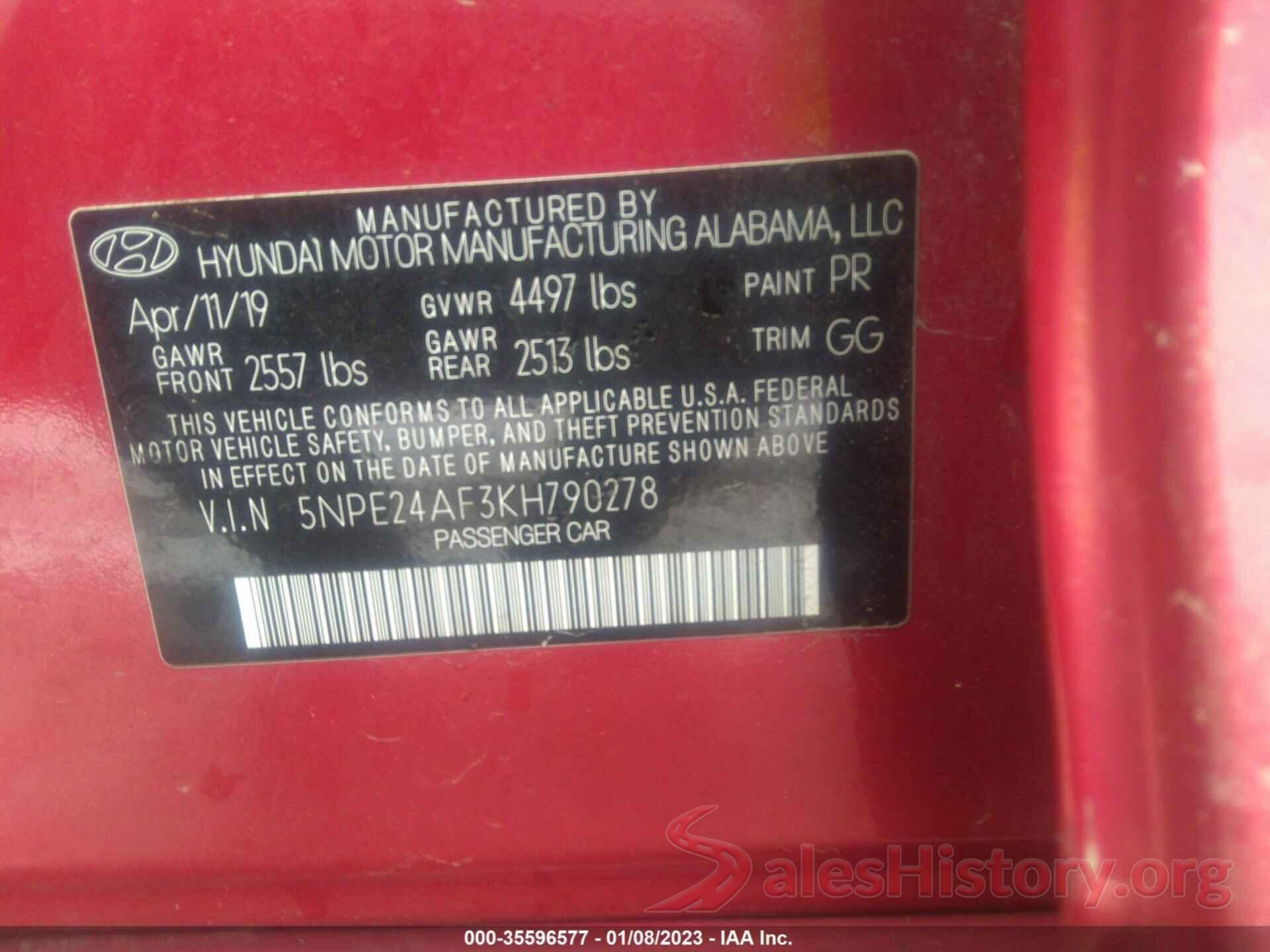 5NPE24AF3KH790278 2019 HYUNDAI SONATA