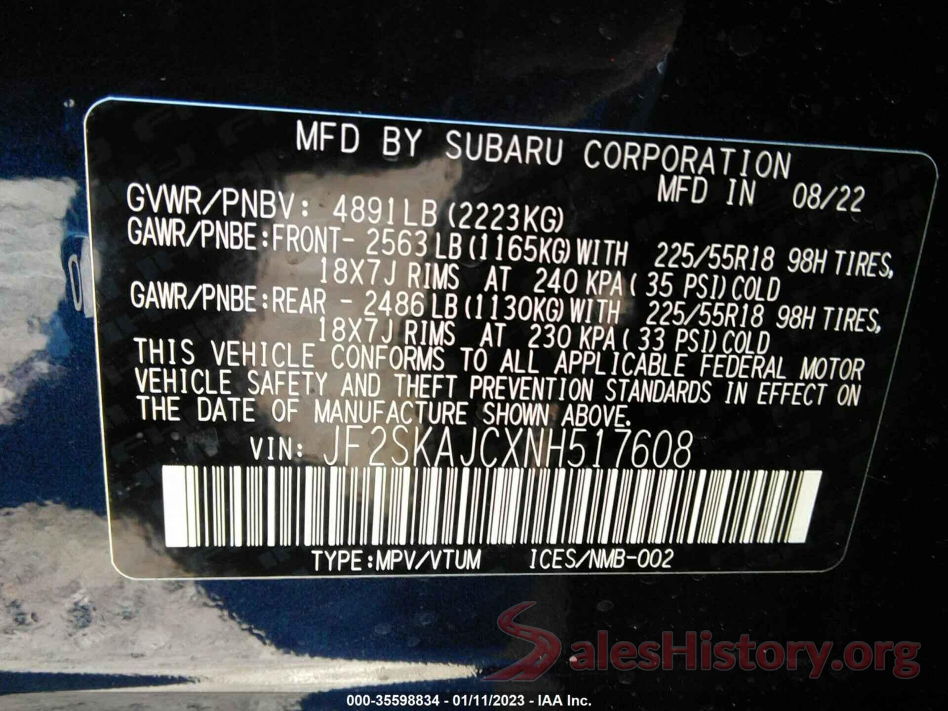 JF2SKAJCXNH517608 2022 SUBARU FORESTER