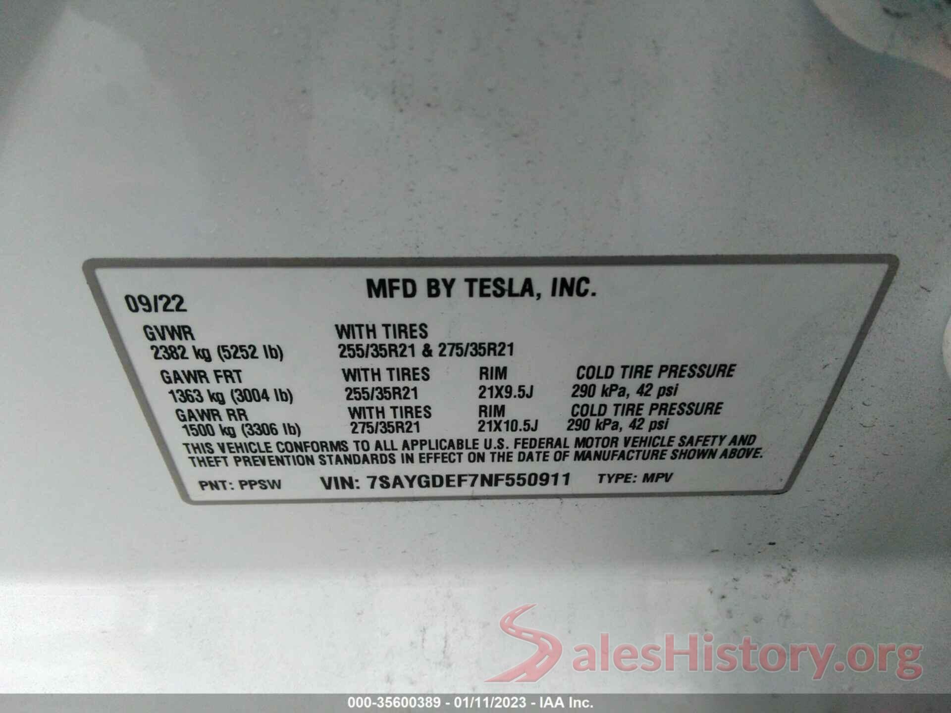 7SAYGDEF7NF550911 2022 TESLA MODEL Y