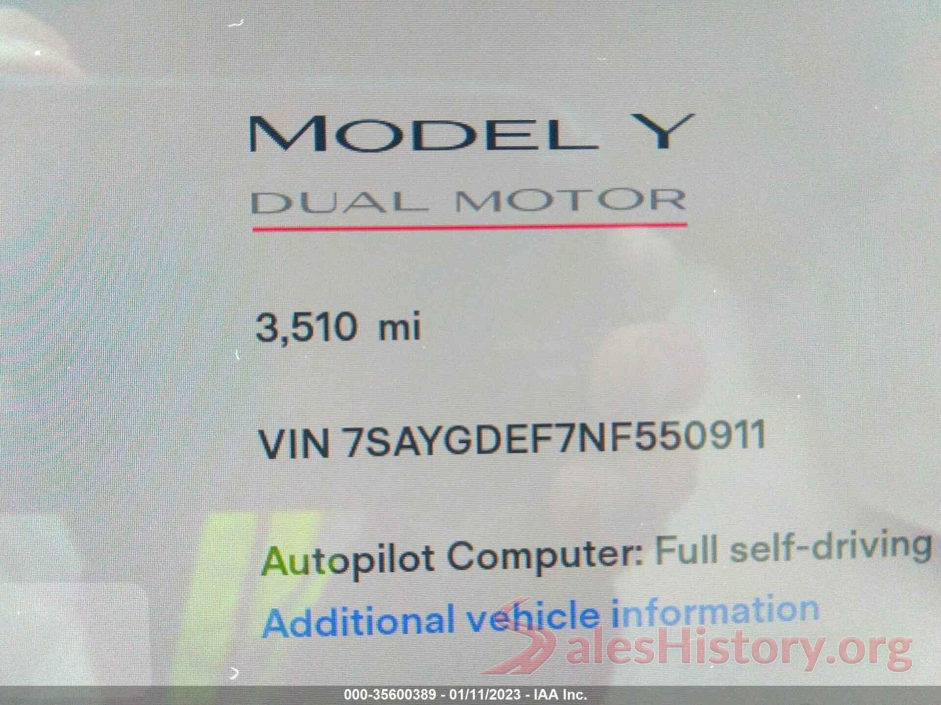 7SAYGDEF7NF550911 2022 TESLA MODEL Y