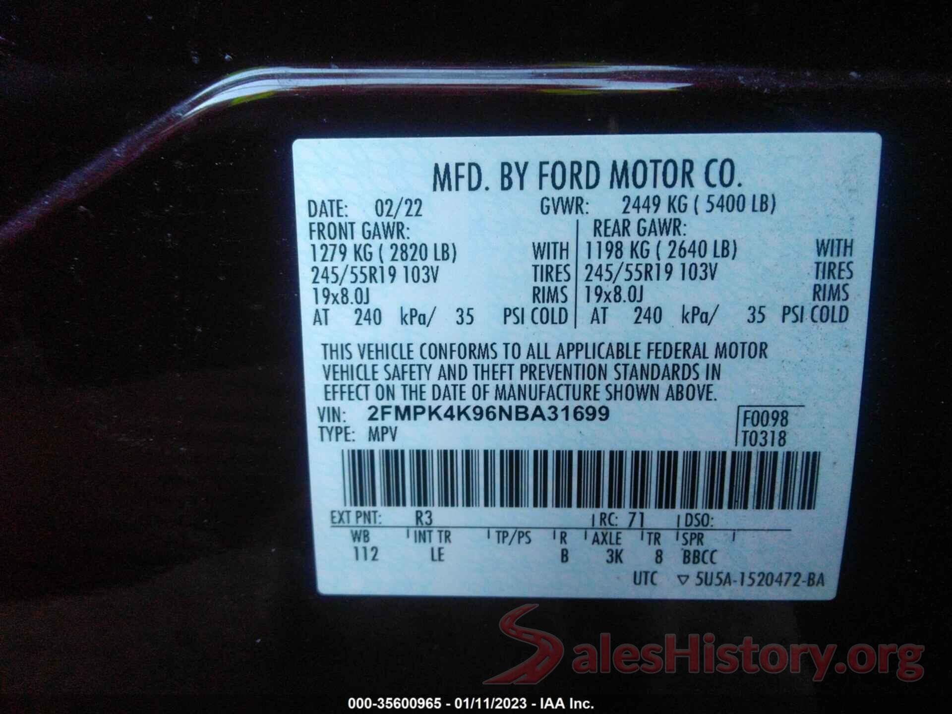 2FMPK4K96NBA31699 2022 FORD EDGE