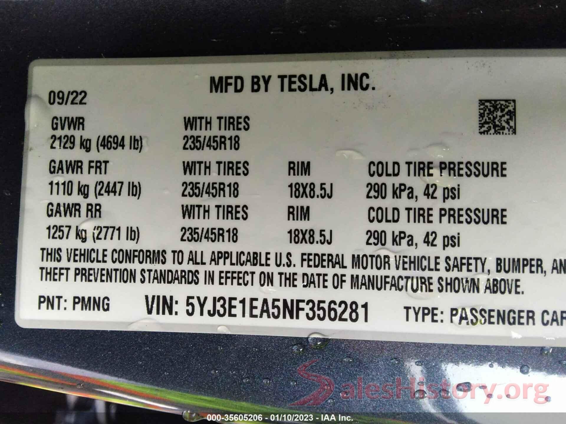 5YJ3E1EA5NF356281 2022 TESLA MODEL 3