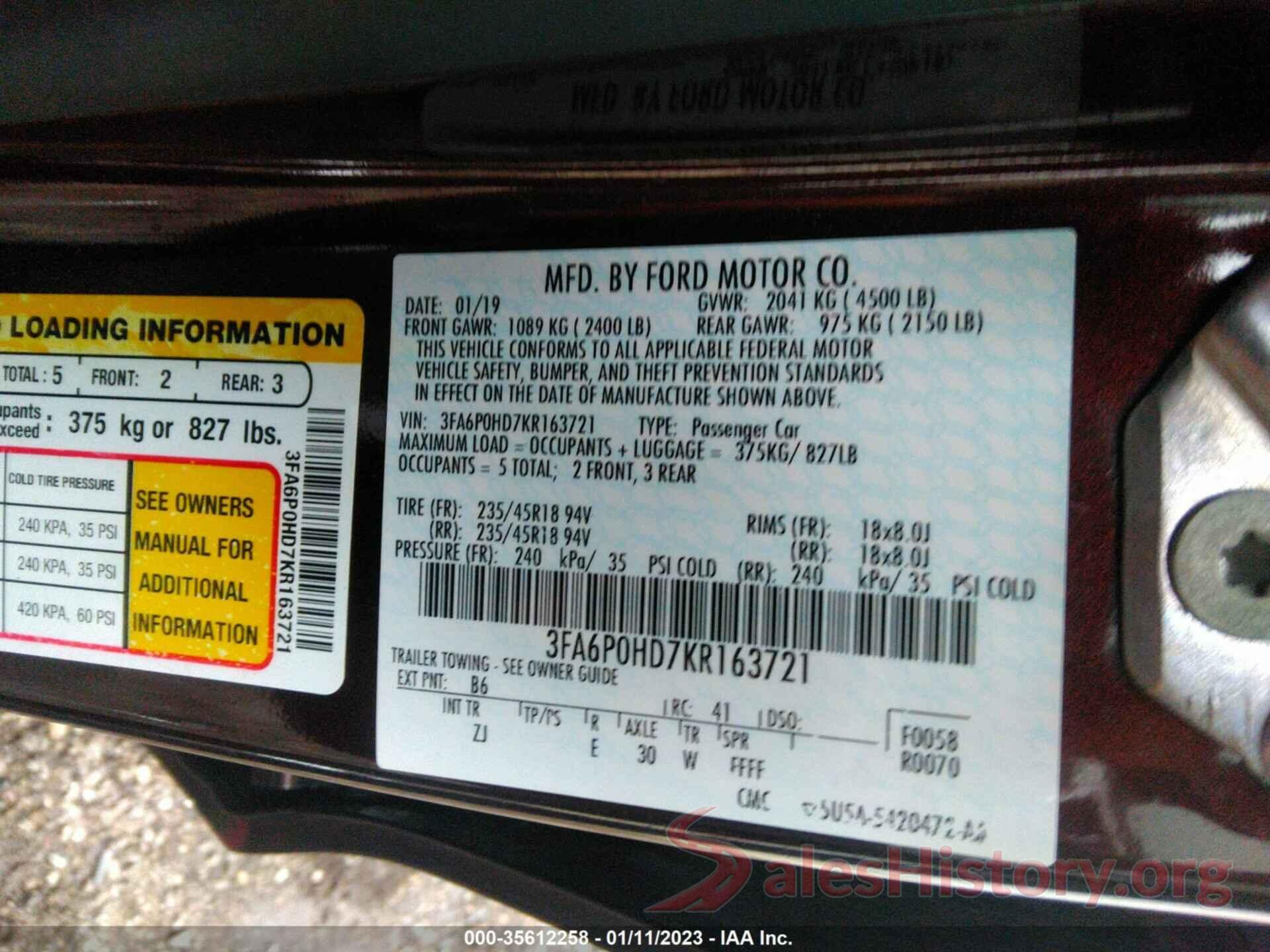 3FA6P0HD7KR163721 2019 FORD FUSION