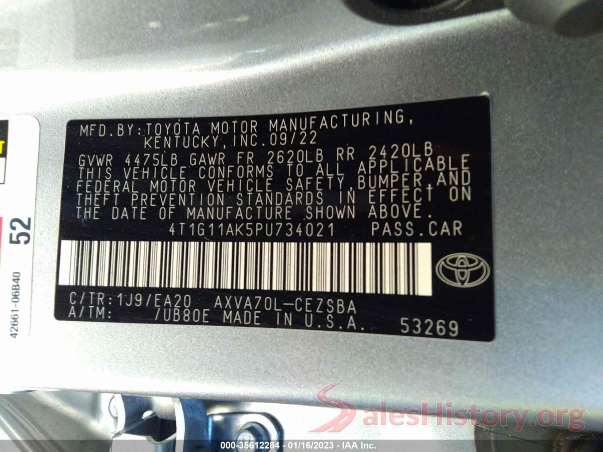 4T1G11AK5PU734021 2023 TOYOTA CAMRY