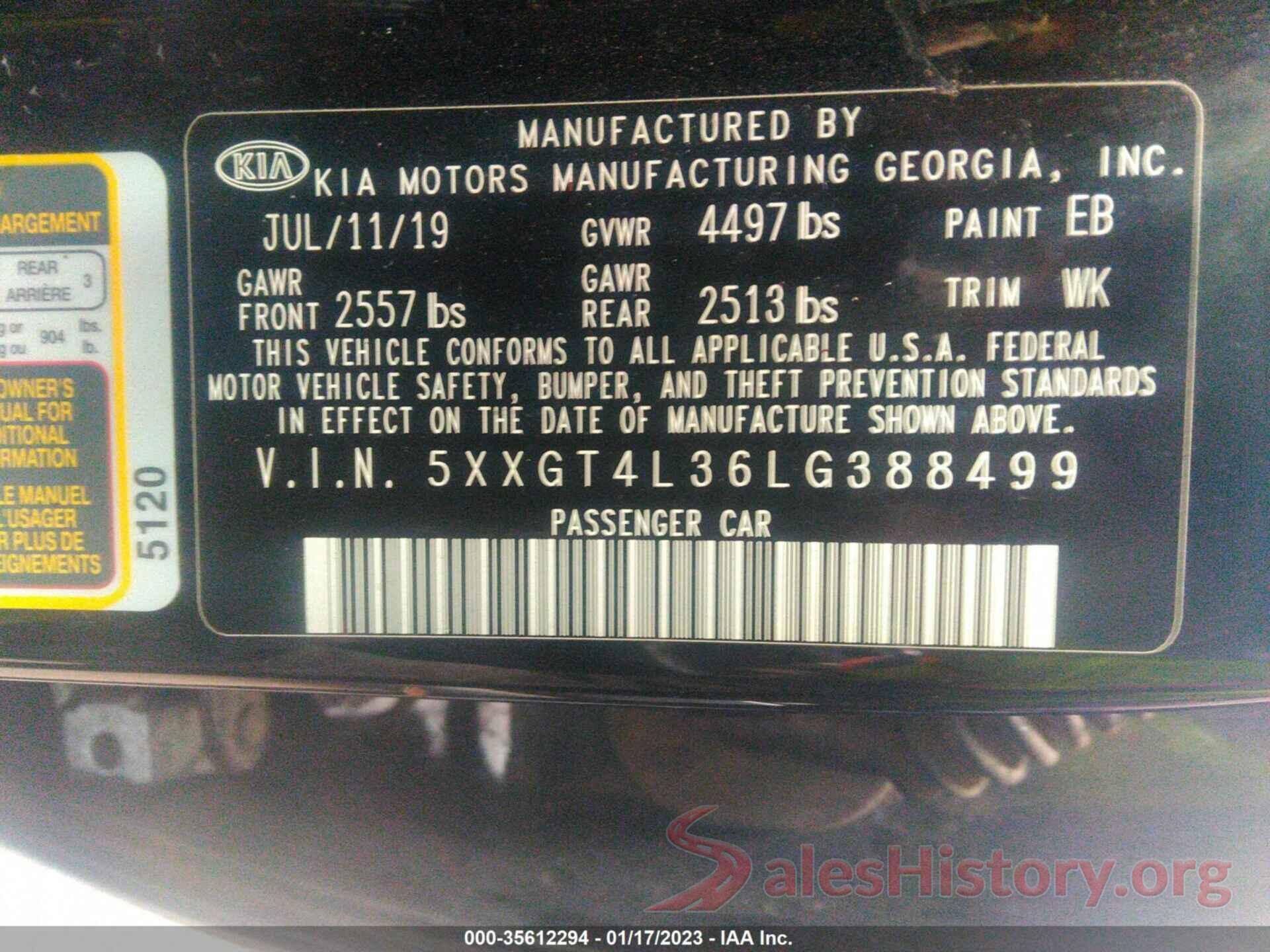 5XXGT4L36LG388499 2020 KIA OPTIMA