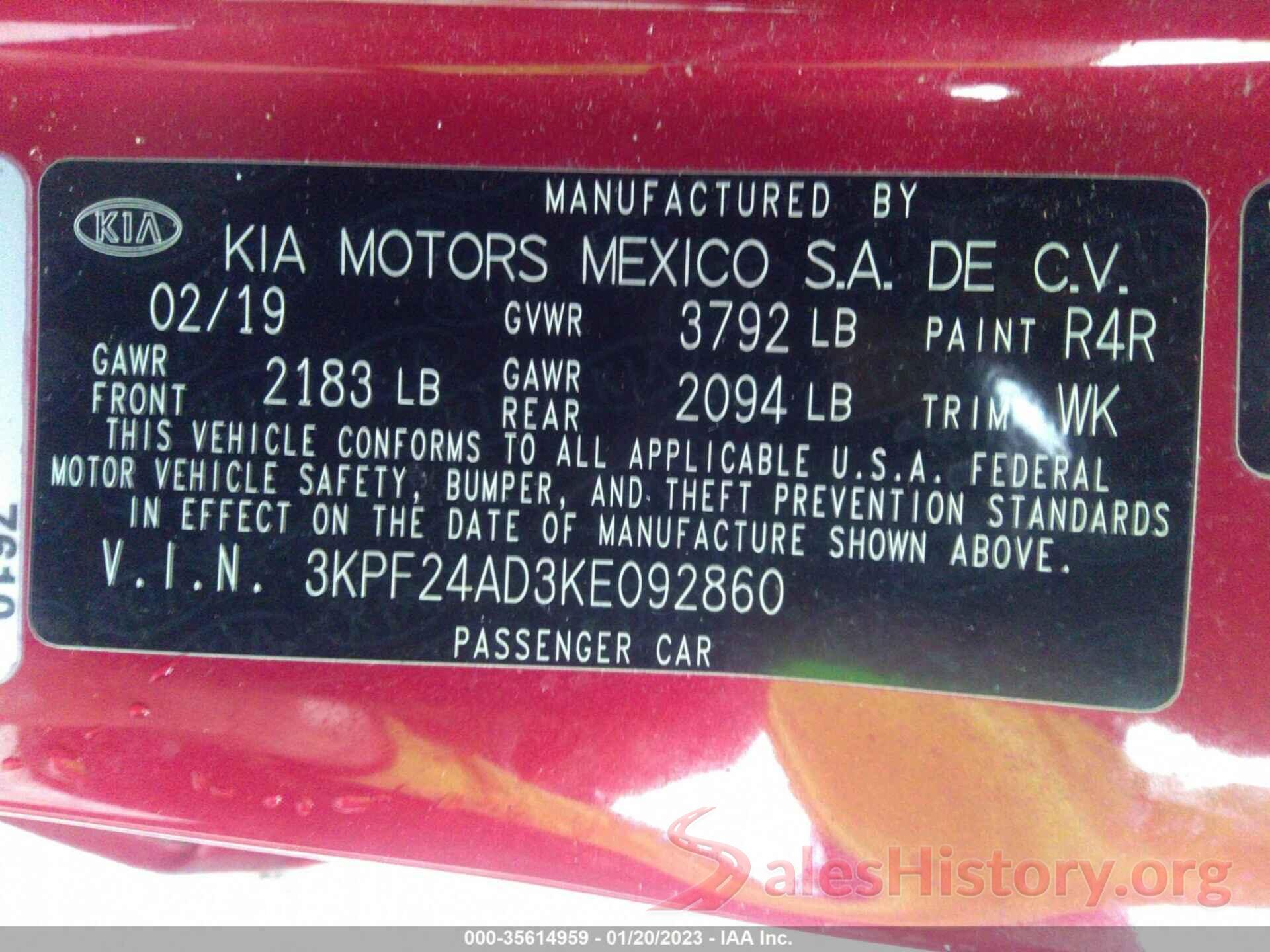 3KPF24AD3KE092860 2019 KIA FORTE