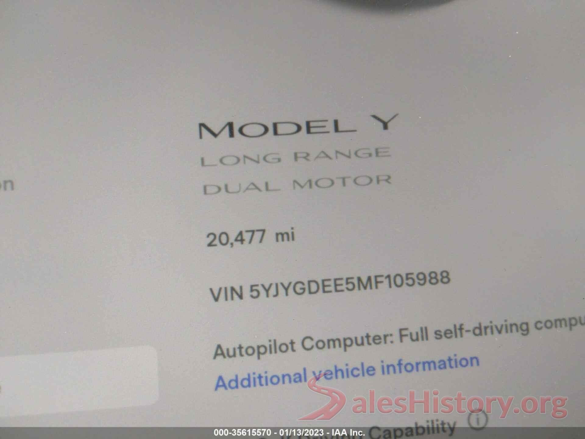 5YJYGDEE5MF105988 2021 TESLA MODEL Y