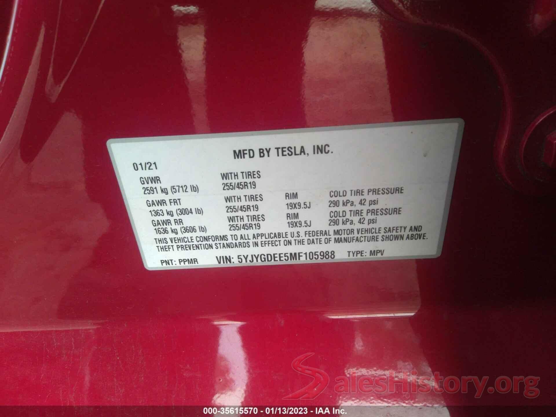 5YJYGDEE5MF105988 2021 TESLA MODEL Y