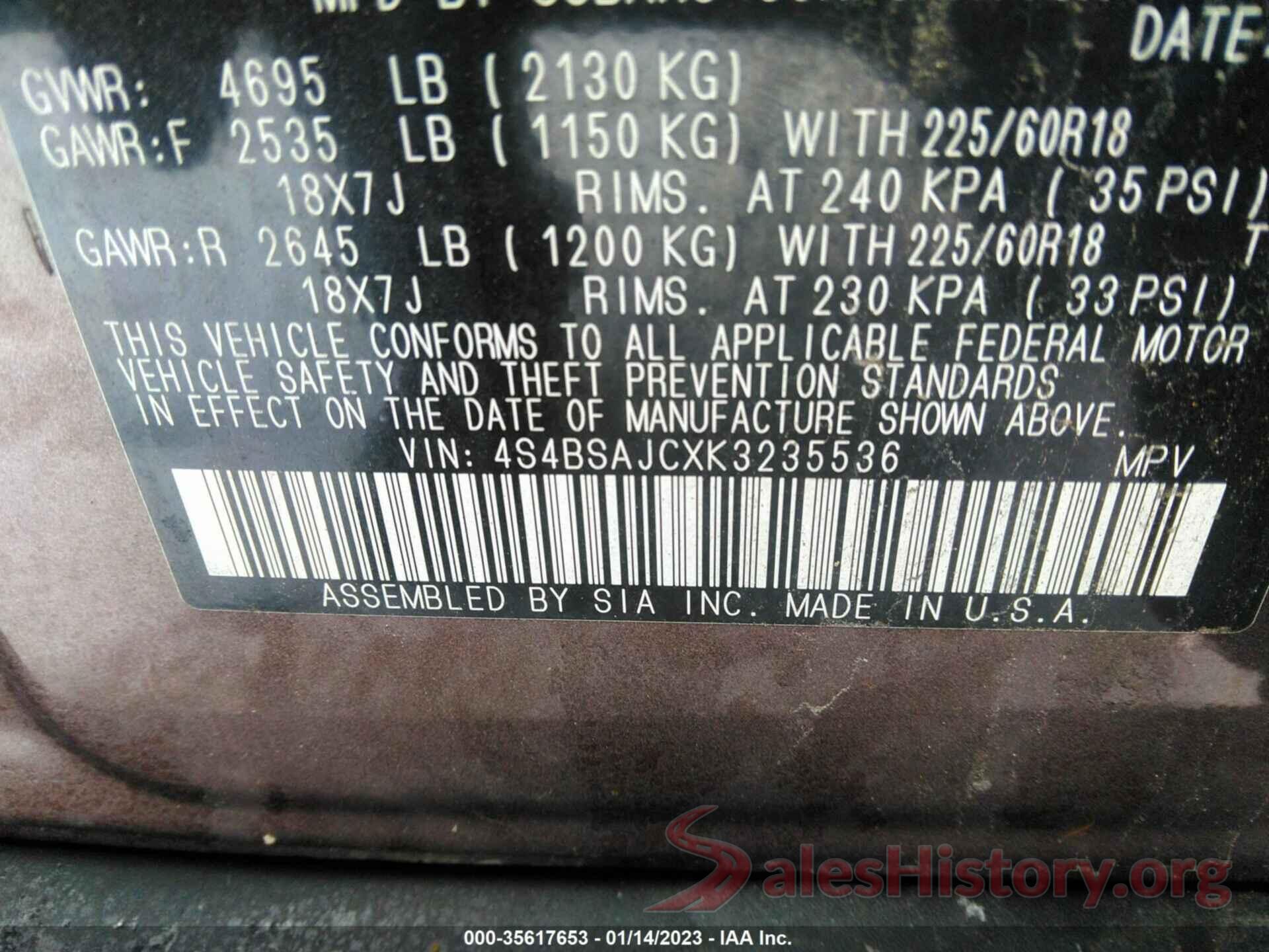 4S4BSAJCXK3235536 2019 SUBARU OUTBACK