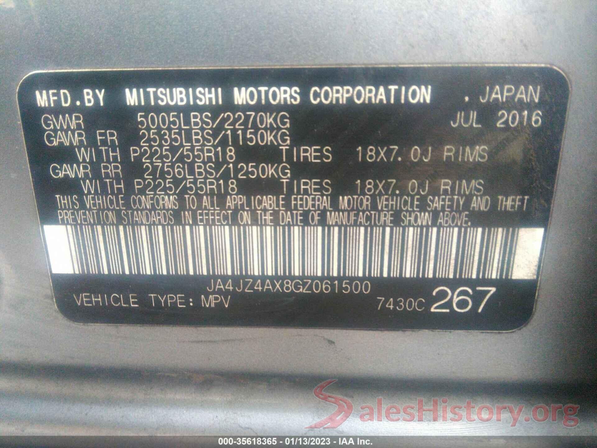 JA4JZ4AX8GZ061500 2016 MITSUBISHI OUTLANDER