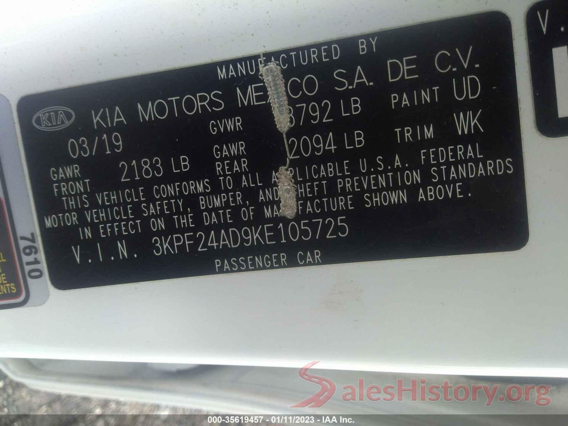 3KPF24AD9KE105725 2019 KIA FORTE