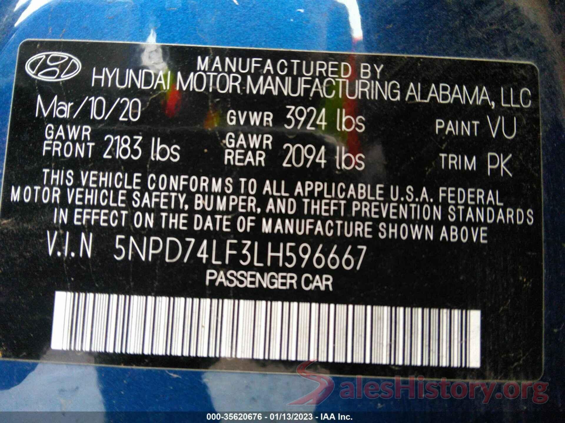 5NPD74LF3LH596667 2020 HYUNDAI ELANTRA