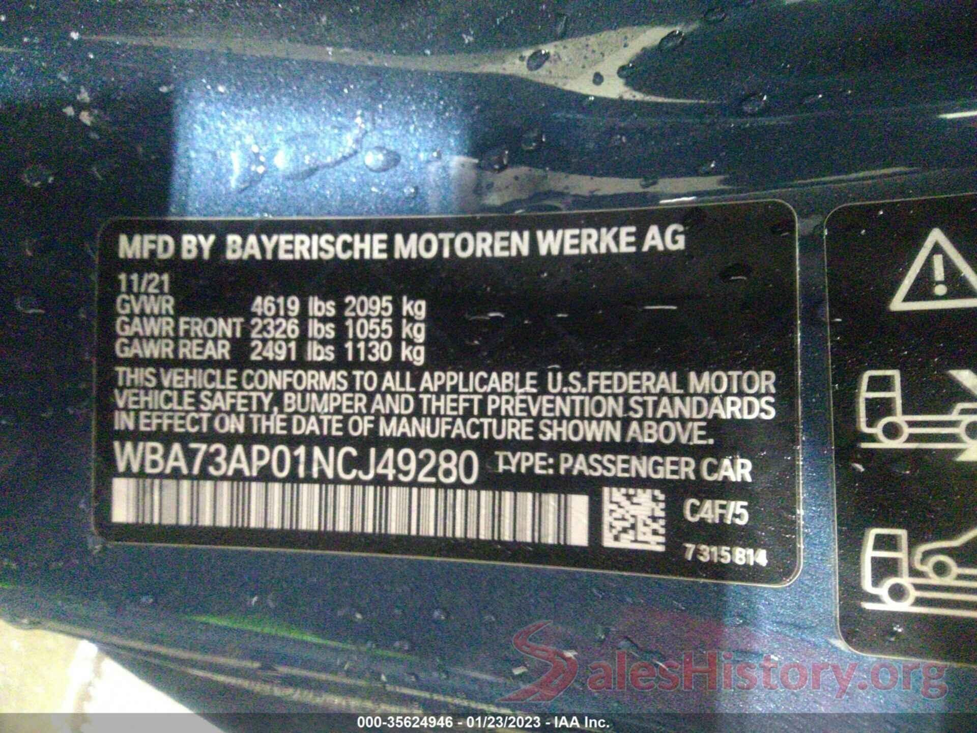 WBA73AP01NCJ49280 2022 BMW 4 SERIES