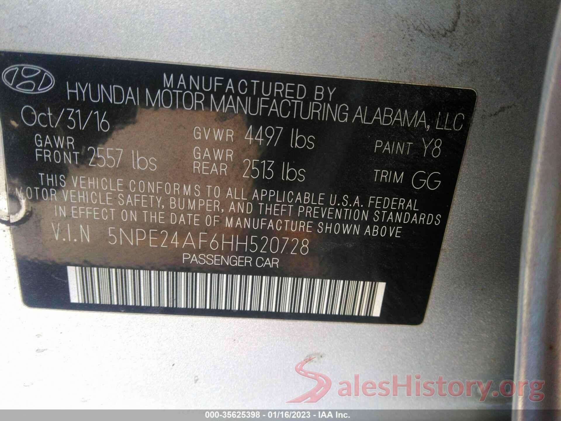 5NPE24AF6HH520728 2017 HYUNDAI SONATA