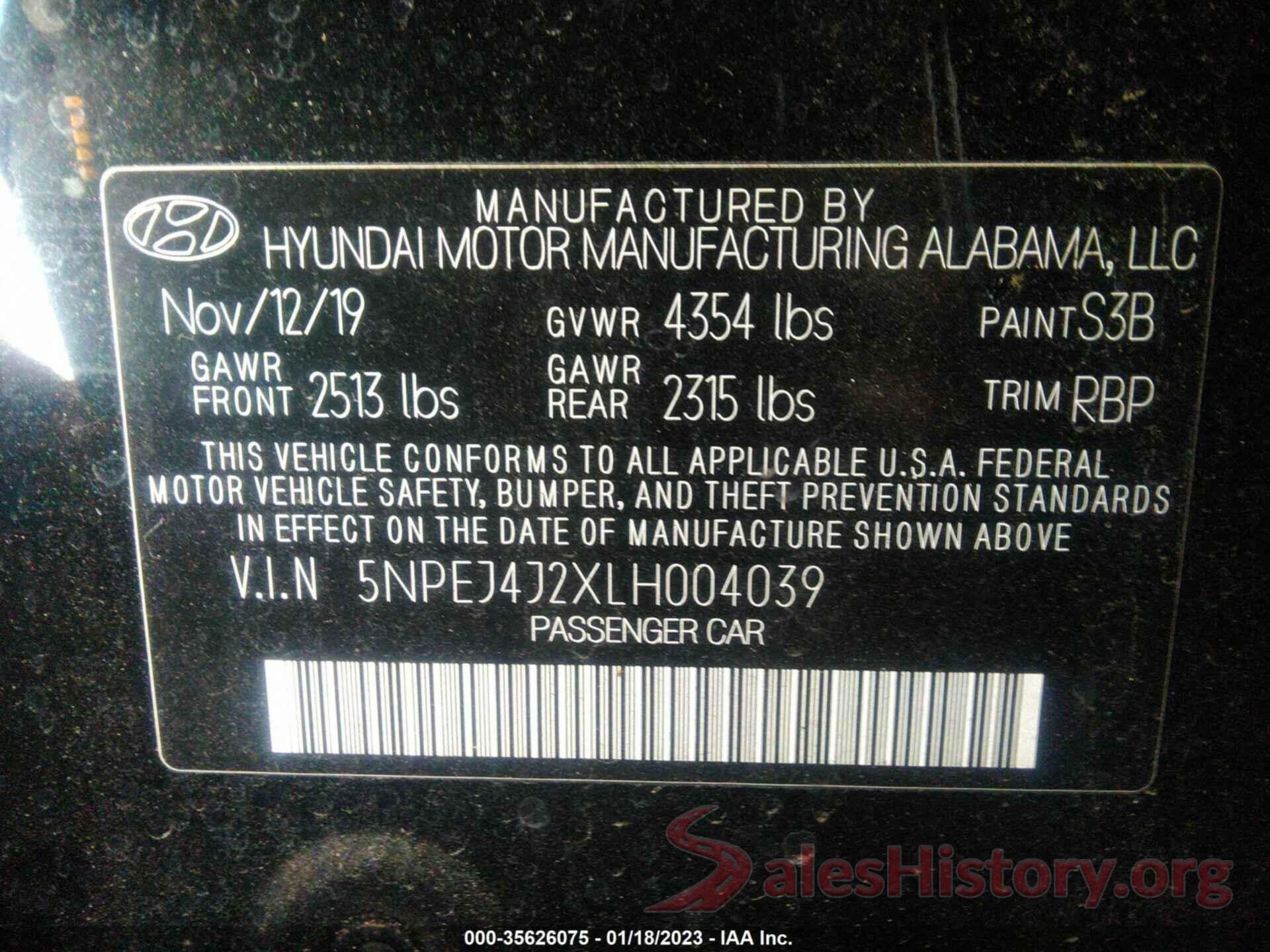 5NPEJ4J2XLH004039 2020 HYUNDAI SONATA