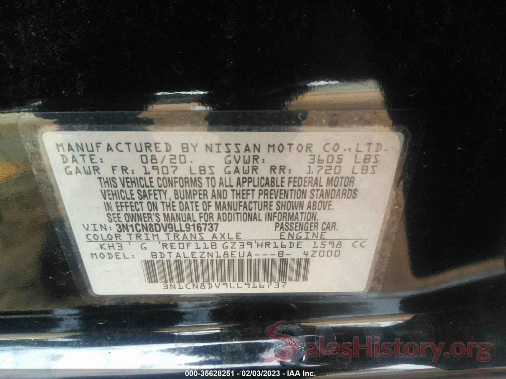 3N1CN8DV9LL916737 2020 NISSAN VERSA