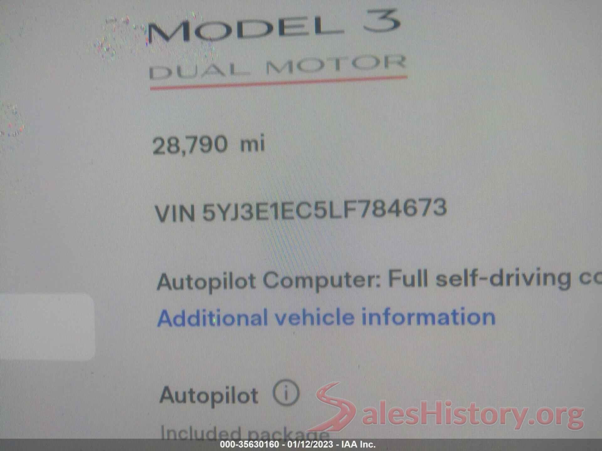 5YJ3E1EC5LF784673 2020 TESLA MODEL 3