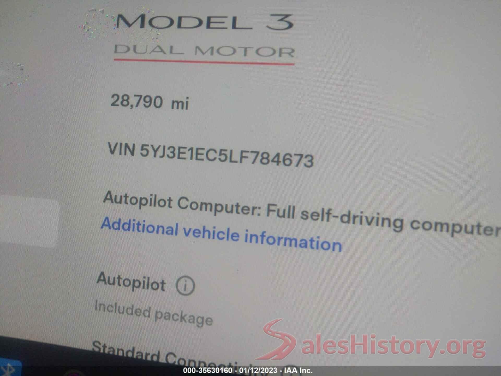 5YJ3E1EC5LF784673 2020 TESLA MODEL 3