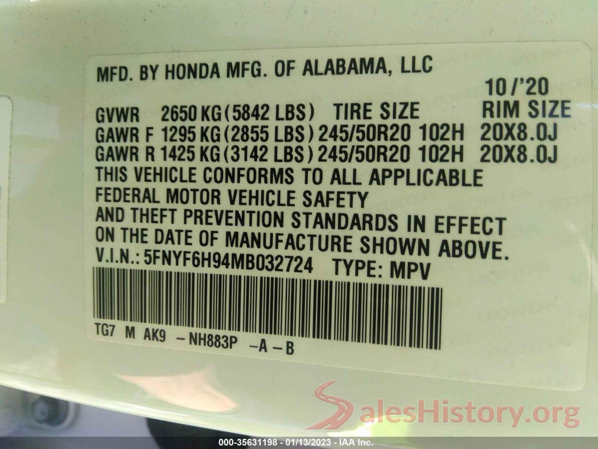 5FNYF6H94MB032724 2021 HONDA PILOT