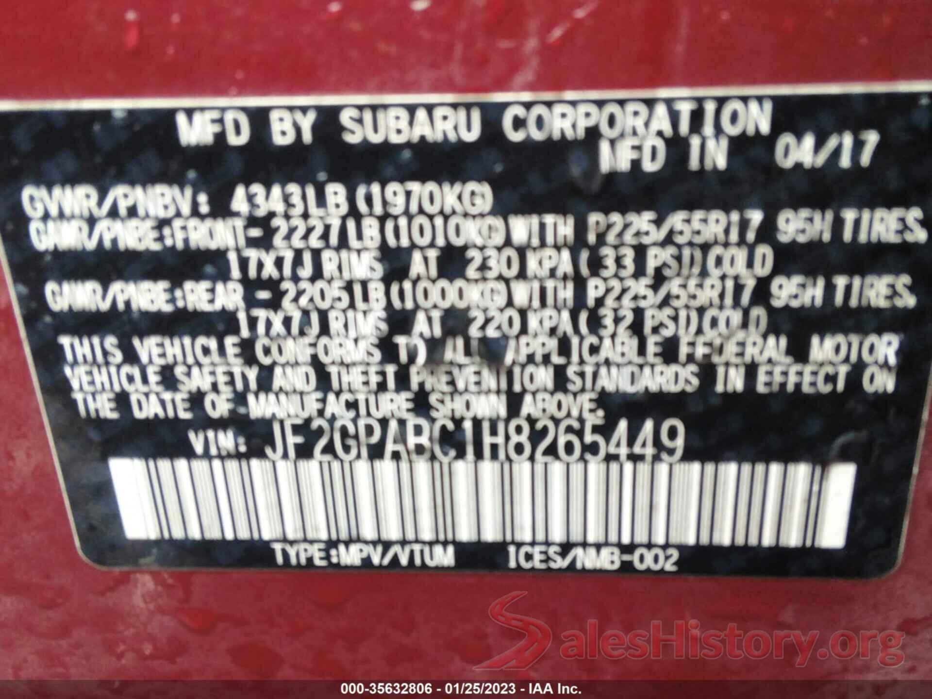 JF2GPABC1H8265449 2017 SUBARU CROSSTREK