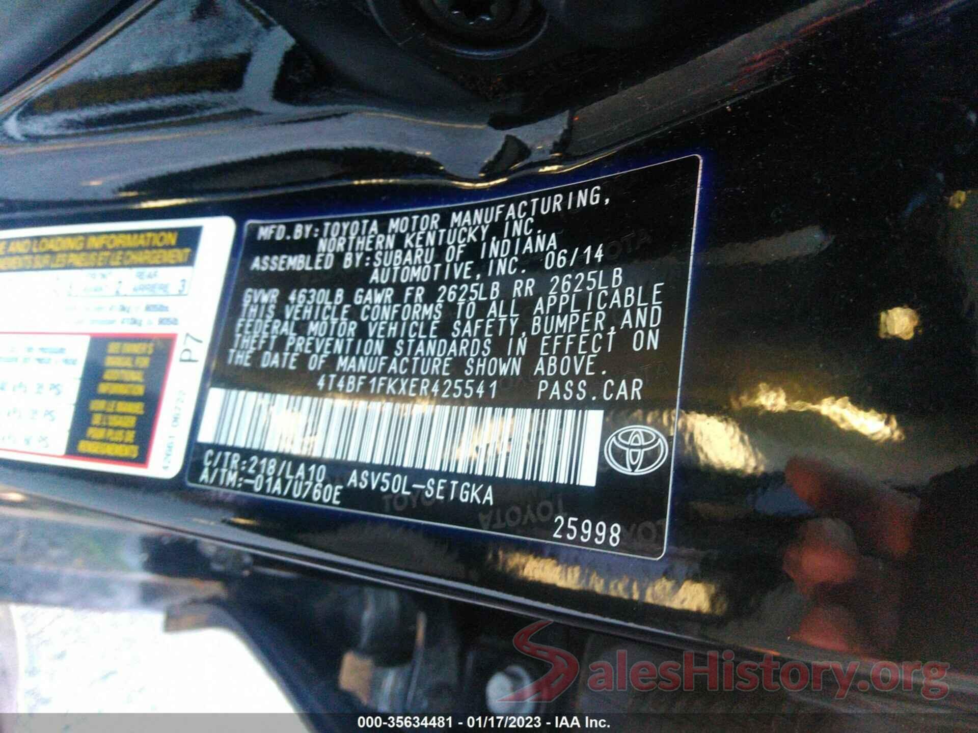 4T4BF1FKXER425541 2014 TOYOTA CAMRY